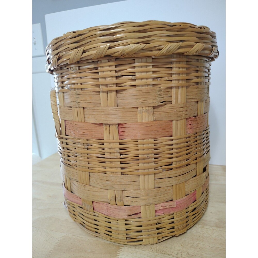Vtg Storage Basket Round Wicker Bamboo Hamper Handles Removable Lid 13" Boho